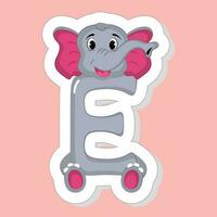 etichetta stile e alfabeto animale cartone animato elefante su rosa sfondo. vettore
