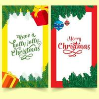 allegro Natale saluto carta decorato con abete foglie, regalo scatole, palline appendere nel Due opzioni. vettore