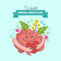 mondo mentale Salute giorno manifesto design con smiley cervello Tenere cuore, fiori e le foglie su leggero turchese sfondo. vettore