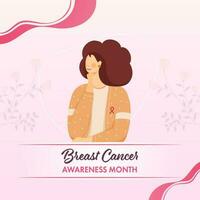Seno cancro consapevolezza mese concetto con giovane donna indossato rosa nastro distintivo, Seno cancro consapevolezza simbolo. assistenza sanitaria sfondo. vettore