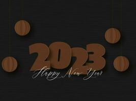Marrone carta tagliare 2023 numero con palline decorato su nero banda sfondo per contento nuovo anno concetto. vettore