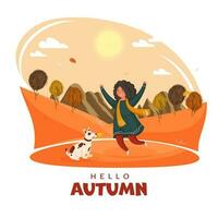 autunno stagione luce del sole sfondo con allegro giovane ragazza e cane illustrazione per Ciao autunno concetto. vettore