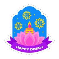 contento Diwali celebrazione concetto con loto fiore, illuminato candela, mandala o fiori su blu e bianca sfondo. vettore