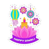 contento Diwali concetto con loto fiore, illuminato candela, lanterna appendere e mandala ornamento su bianca sfondo. vettore