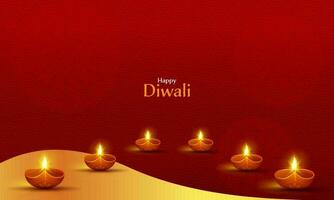contento Diwali celebrazione bandiera design con illuminato olio lampade su giallo e rosso mandala modello sfondo. vettore