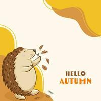 Ciao autunno font con cartone animato riccio soffiaggio le foglie su beige e giallo sfondo. vettore