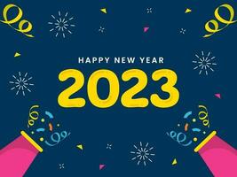 2023 contento nuovo anno testo con che esplode festa bottone automatico contro blu sfondo. vettore