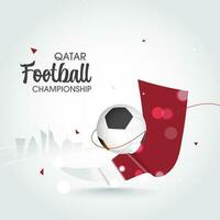 Qatar calcio campionato concetto con realistico calcio palla e nazionale bandiera nastro su bianca silhouette doha orizzonte sfondo. vettore