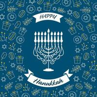 contento hanukkah celebrazione saluto carta con lineare stile Festival elementi decorato su blu sfondo. vettore