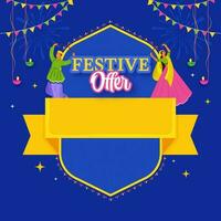 Navratri Festival vendita manifesto design con indiano giovane coppia Tenere dandiya bastoni, illuminato olio lampade appendere, pavese bandiere e vuoto nastro su blu sfondo. vettore