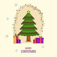 allegro Natale saluto carta con scarabocchio natale albero, regalo scatole su beige e bianca sfondo. vettore