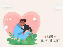 contento San Valentino giorno concetto con Abbracciare una persona giovane coppia, carta tagliare le foglie e nuvole su rosa cuore forma sfondo. vettore