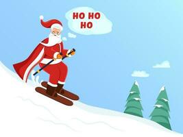 illustrazione di cartone animato Santa Claus sciare e dire ho ho ho contro neve blu sfondo vettore