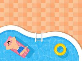 superiore Visualizza di nuotatore uomo dire bugie al di sopra di gonfiabile letto su nuoto piscina e arancia griglia modello sfondo. vettore