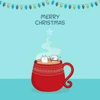 allegro Natale saluto carta con divertente marshmallow nel caldo bevanda tazza e illuminazione ghirlanda decorato su blu sfondo. vettore