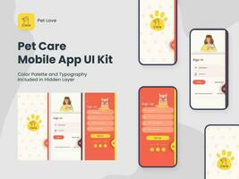 animale domestico cura App ui kit Compreso cartello in, cartello su schermi per mobile applicazione o di risposta sito web. vettore