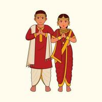 maharashtrian giovane coppia indossare nozze vestito nel namaste posa contro cosmico latte macchiato sfondo. vettore