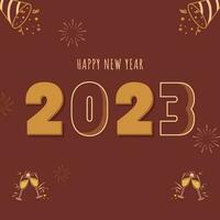 2023 contento nuovo anno testo con crostini bicchiere, festa bottone automatico e fuochi d'artificio su bruciato umbra sfondo. vettore