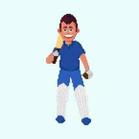 pixel effetto ritratto di cricket battitore Tenere pipistrello e palla al di sopra di pastello blu sfondo. vettore