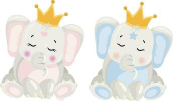 rosa e blu bambino elefante con corona. vettore