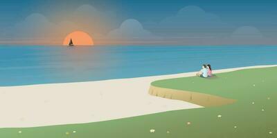 tramonto a tropicale blu mare con coppia di amante a bianca sabbia spiaggia vettore illustrazione. paesaggio di costa bellissimo mare riva spiaggia a tramonto piatto design.