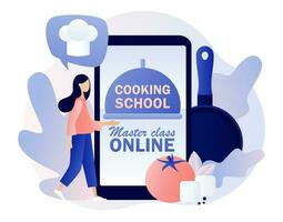 cucinando scuola testo su smartphone schermo. minuscolo donna con cucina utensili e Alimenti impara per cucinare nel culinario in linea maestro classe. moderno piatto cartone animato stile. vettore illustrazione su bianca sfondo