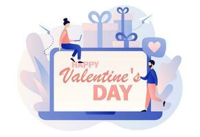 contento san valentino giorno - testo su il computer portatile schermo. minuscolo persone nel amore salutare ogni Altro. romantico relazioni e Data. moderno piatto cartone animato stile. vettore illustrazione su bianca sfondo