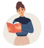 un' alunno ragazza detiene un Aperto libro. femmina con un' libro. il concetto di apprendimento. piatto vettore illustrazione.