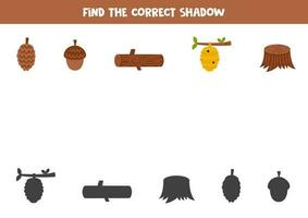 trova il corretta ombre di carino foresta elementi. logico puzzle per bambini. vettore