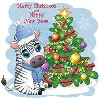 allegro Natale e contento nuovo anno saluto carta con carino zebra nel Santa cappello con Natale sfera, caramella Kane, regalo vettore