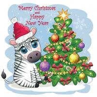 allegro Natale e contento nuovo anno saluto carta con carino zebra nel Santa cappello con Natale sfera, caramella Kane, regalo vettore