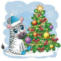 allegro Natale e contento nuovo anno saluto carta con carino zebra nel Santa cappello con Natale sfera, caramella Kane, regalo vettore