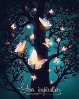 vettore illustrazione con magico raggiante notte farfalle nel il foresta. ispirazione carta.
