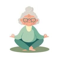 illustrazione di anziano donna praticante yoga esercizi. salutare stile di vita. carino nonna nel loto posizione. vettore su bianca