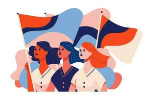 femminismo, donne diritti e energia concetto. gruppo di giovane ragazze amici Tenere bandiere. vettore illustrazione nel moderno piatto stile su bianca