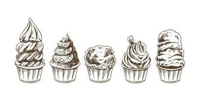 un' disegnato a mano schizzo di ghiaccio crema palle, congelato Yogurt o cupcakes nel tazze. impostare. Vintage ▾ illustrazione. elemento per il design di etichette, confezione e cartoline. vettore