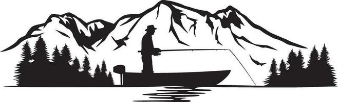 pescatore in una barca e paesaggio di montagna vettore