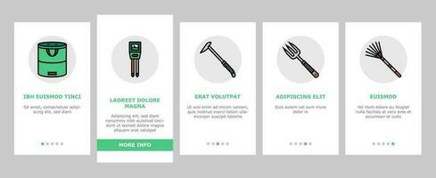 giardino attrezzo pala rastrello onboarding icone impostato vettore