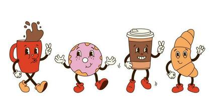 impostato Groovy retrò cartone animato caffè personaggi. rosso tazza, caffè per andare, ciambella, brioche con occhi e guantato mani. isolato piatto illustrazione nel stile 60s 70s vettore