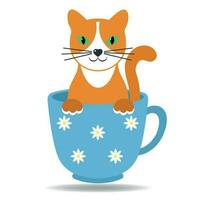 illustrazione di un' carino rosso gatto nel un' blu tazza vettore