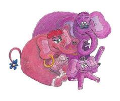 vettore illustrazione famiglia di rosa e viola cartone animato divertente elefanti genitori e bambini. disegno acquerello e pastello