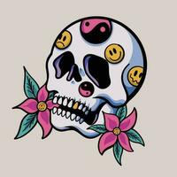 cranio Sorridi emoticon fiore tatuaggio cartone animato vettore