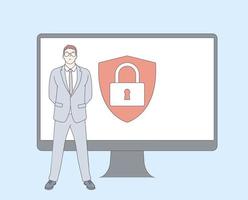 sicurezza informatica, protezione dei dati, concetto di attacchi informatici. sicurezza digitale personale. difesa, protezione dagli hacker, illustrazione vettoriale piatto truffatori.