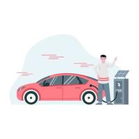 illustrazione vettoriale piatta di qualcuno che carica un'auto elettrica che è rispettosa dell'ambiente