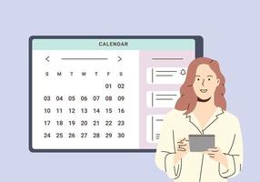 programma di pianificazione e concetto di calendario online. donna d'affari pianificazione appuntamento di pianificazione del giorno nell'applicazione calendario. la donna sta aggiungendo eventi, promemoria per riunioni nell'app di pianificazione. vettore