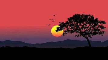 vectpr tramonto scena con un' albero e volante uccelli nel silhouette con sole e montagna nel sfondo vettore