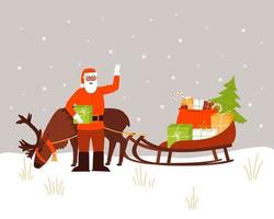 Babbo Natale è in piedi accanto a una renna e una slitta con doni vettore