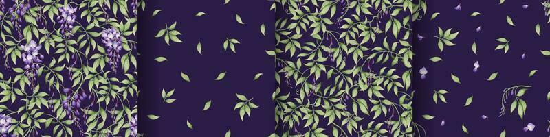 impostato di senza soluzione di continuità modelli con viola glicine e verde le foglie su un' buio sfondo. struttura nel asiatico stile. adatto per tessuto, carta, tessile, sfondo vettore