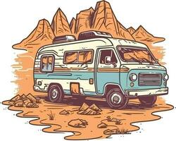 viaggio furgone nel davanti di un' deserto mano disegnato illustrazione, viaggio furgone mano disegnato illustrazione, magliette design illustrazione vettore