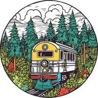 treno nel davanti di un' foresta mano disegnato illustrazione, treno mano disegnato illustrazione, magliette design illustrazione vettore